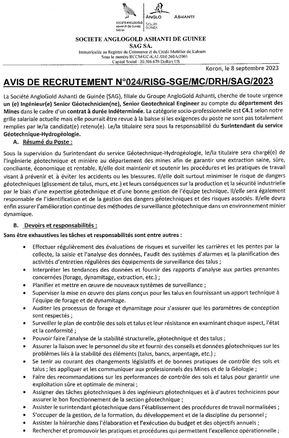 Avis de recrutement d'un (e) Senior Ingénieur(e) Géotechnique (Senior Geotechnical Engineer) | page 1